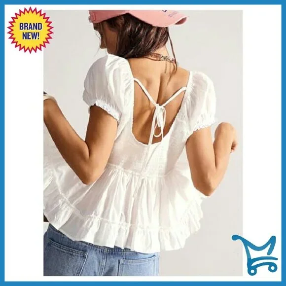 Boho Puff Sleeve Blouse Lace Trim Deep V Neck Button Down Shirt - Picture 3 of 6